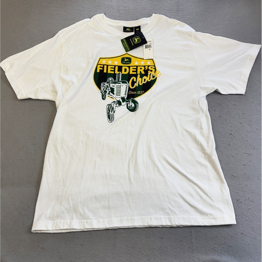 John Deere Graphic T-Shirt Mens XL White NWT Fielders Choice Tractor Shield